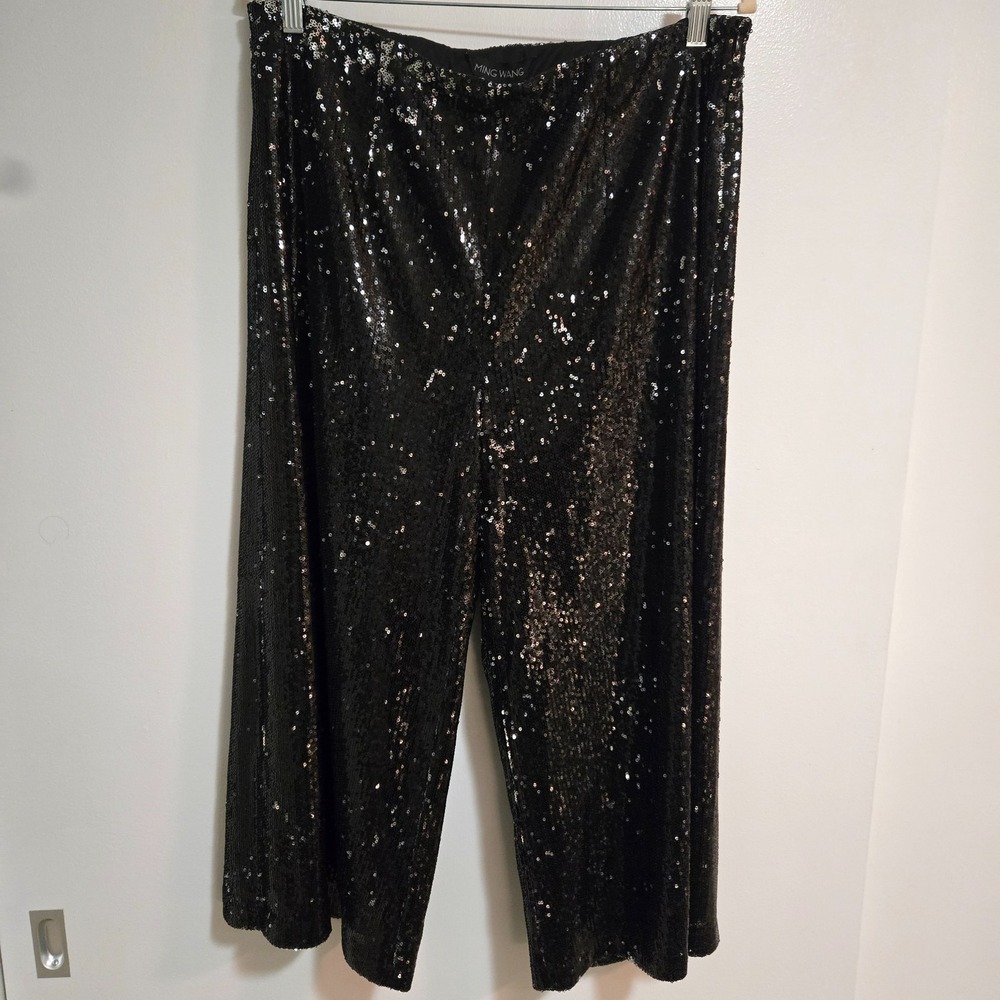 Ming Wang Sz M Black Sequin Wide Leg Side Zip Lined Crop Evening Pants 34x22 NEW